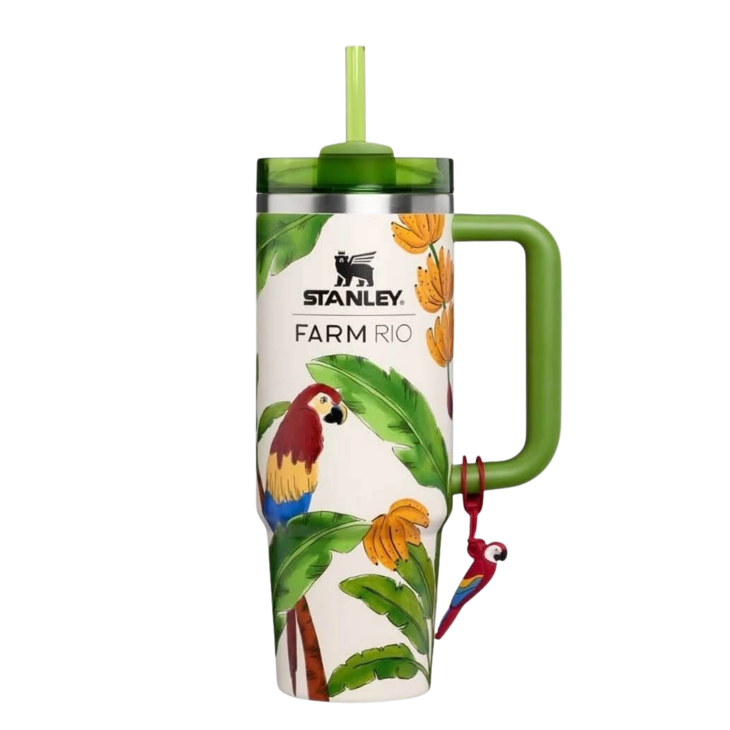 Stanley x FARM Rio Tropical Destiny tumbler styled with matching silicone boot, charm, bow, bracelet and tropical straw topper