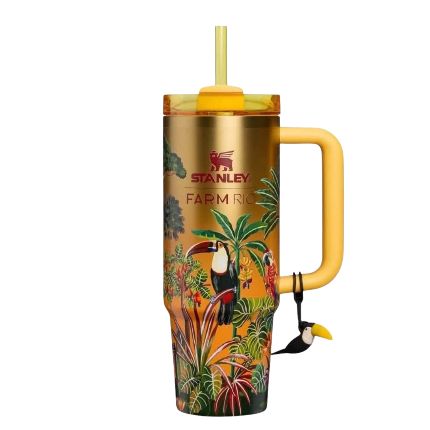 Stanley x FARM Rio Tropical Woods tumbler styled with matching silicone boot, charm, bow, bracelet and tropical straw topper