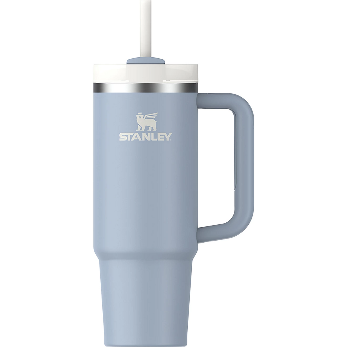 Stanley Blue Dream Stone tumbler with soft powder blue finish and white lid and tumbler boots, charms, bows and straw toppers