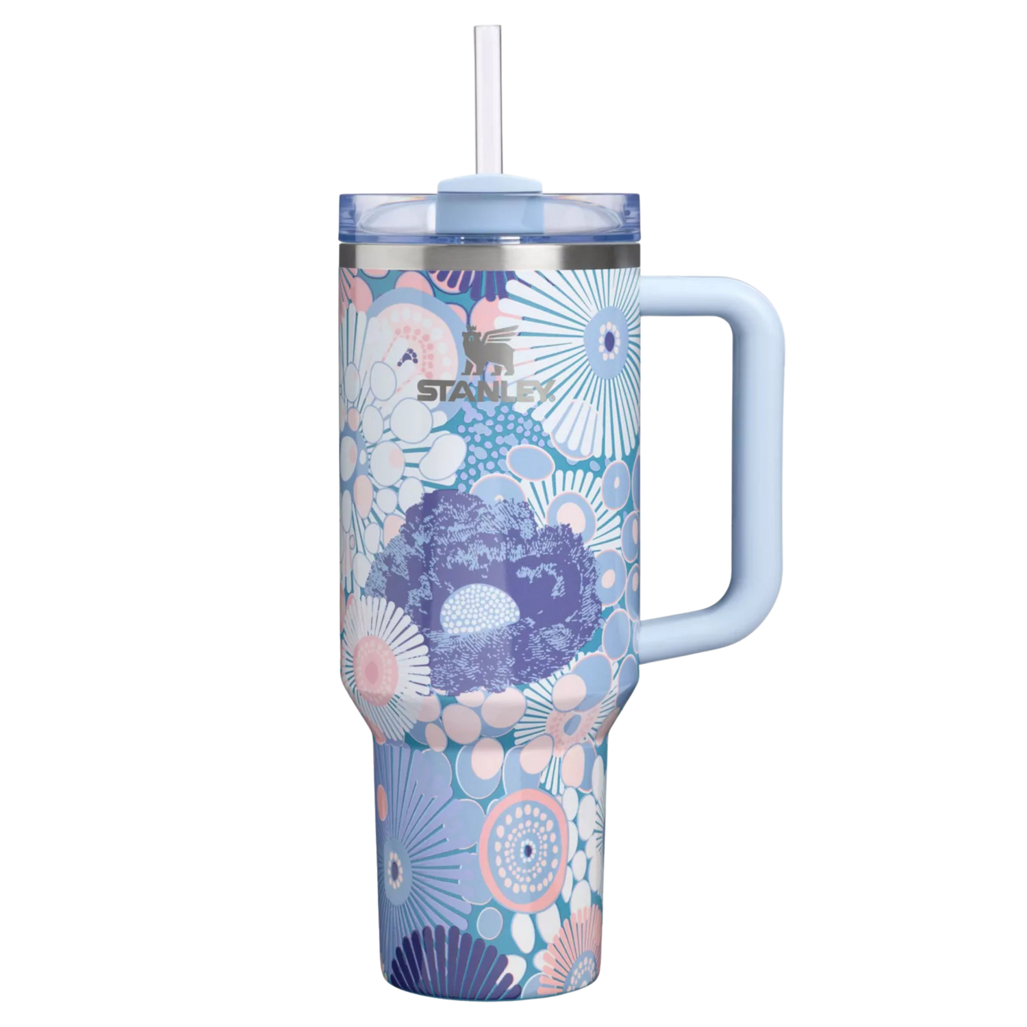 Stanley Blue Dream Wildflower 40 oz Quencher with coordinating pastel floral silicone boot, decorative straw topper, tumbler charm, bow and bracelet accessories in powder blue, blush pink and lavender
