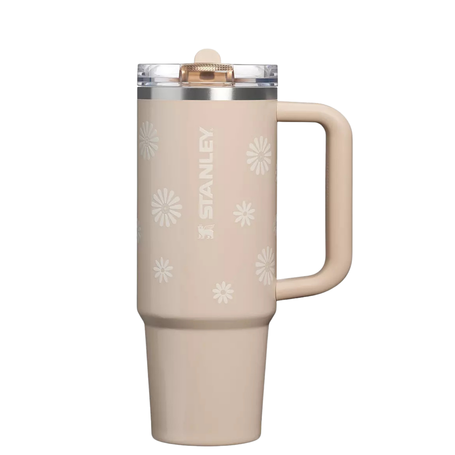 Stanley Champagne Daisies tumbler styled with beige silicone boot, floral straw topper, neutral bow charm, and daisy cup accessories