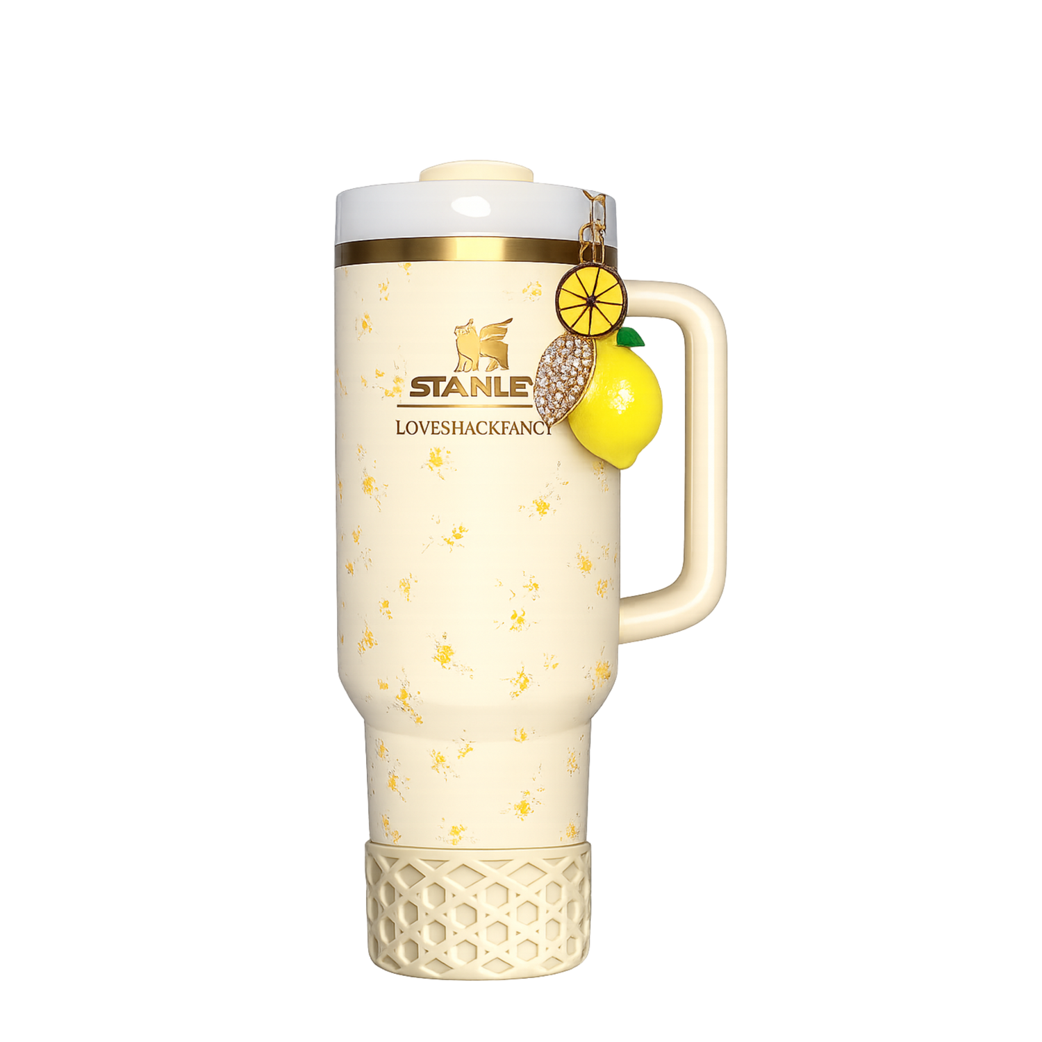 Stanley Lemon Haze yellow Stanley Quencher with lemon charm, rhinestone citrus accessory, cream silicone boot, coordinated straw topper and summer Stanley cup accessories styled for a citrus aesthetic.