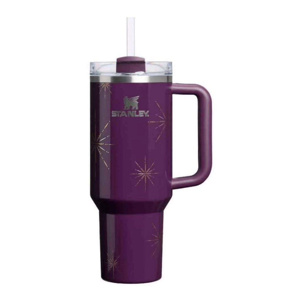 Stanley Plum Winter Radiance purple tumbler with metallic champagne gold starbursts and matching plum handle