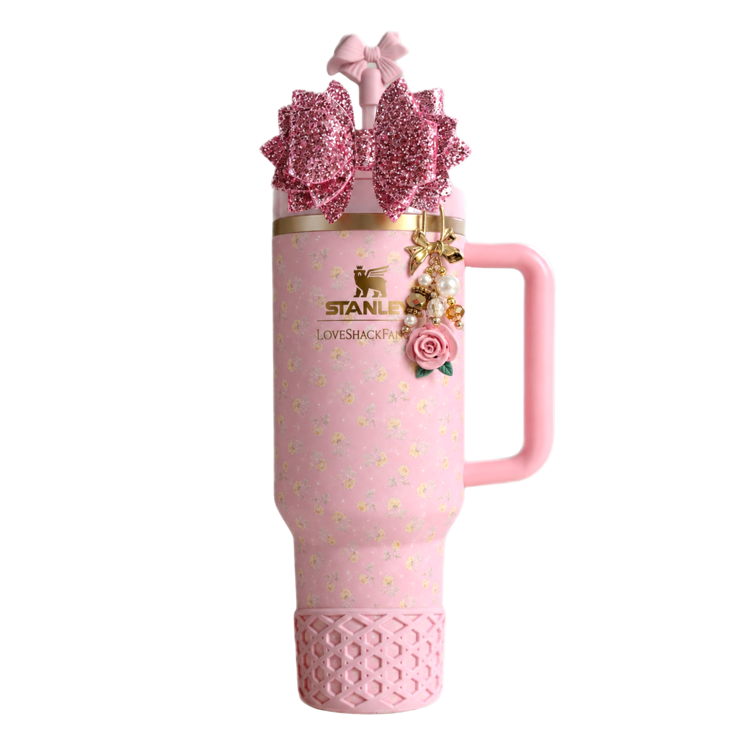 Stanley LoveShackFancy Polaroid Rose 40 oz floral tumbler with pink silicone boot, glitter bow topper, pearl rose charm and matching Stanley accessories