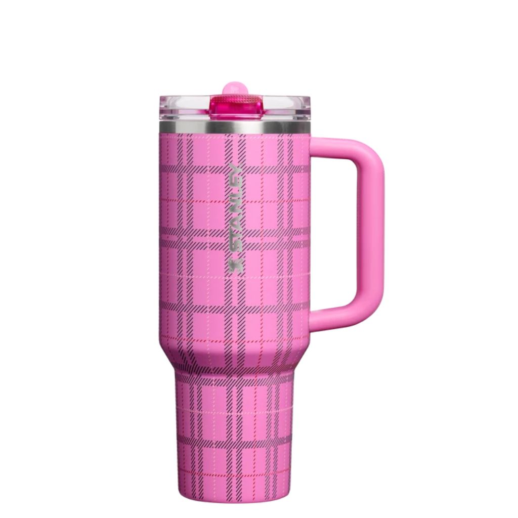 Stanley Popsicle Plaid tumbler featuring vibrant bubblegum-pink finish, raspberry and magenta tonal plaid checks with fine diagonal hatching, matching pink handle, clear lid with hot pink detailing, and silver Stanley logo.
