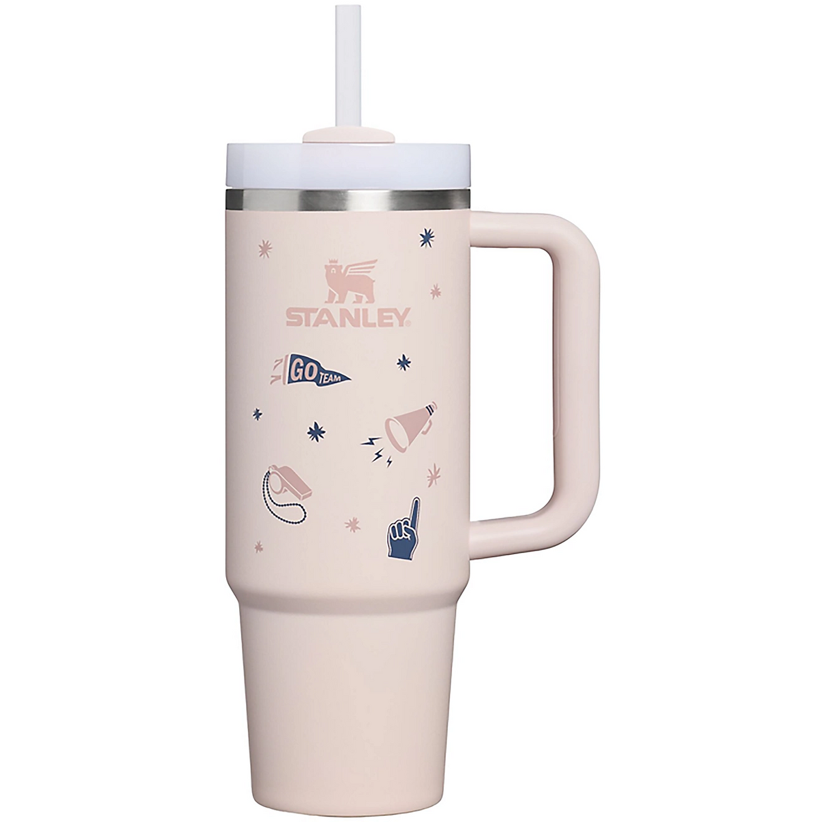 Blush pink Stanley Rose Quartz Tailgate cup styled with football and cheer-inspired details