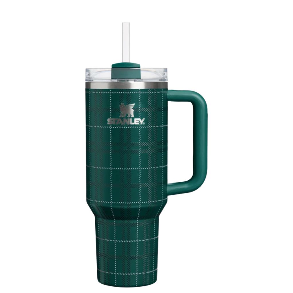 Stanley Shadow Green Plaid tumbler featuring deep emerald-teal green finish, dark forest-green tartan checks, fine diagonal hatching, thin light-colored plaid lines, matching green handle, clear lid, and silver Stanley logo.