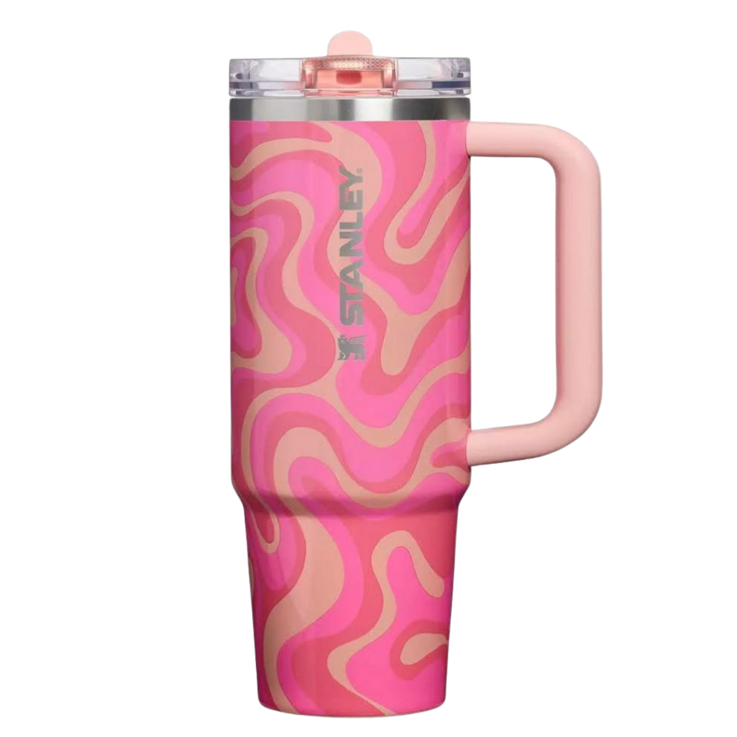 Stanley Sorbet Groove pink swirl Stanley Cup with matching silicone boot, straw topper, tumbler bow, charm, and pastel accessories