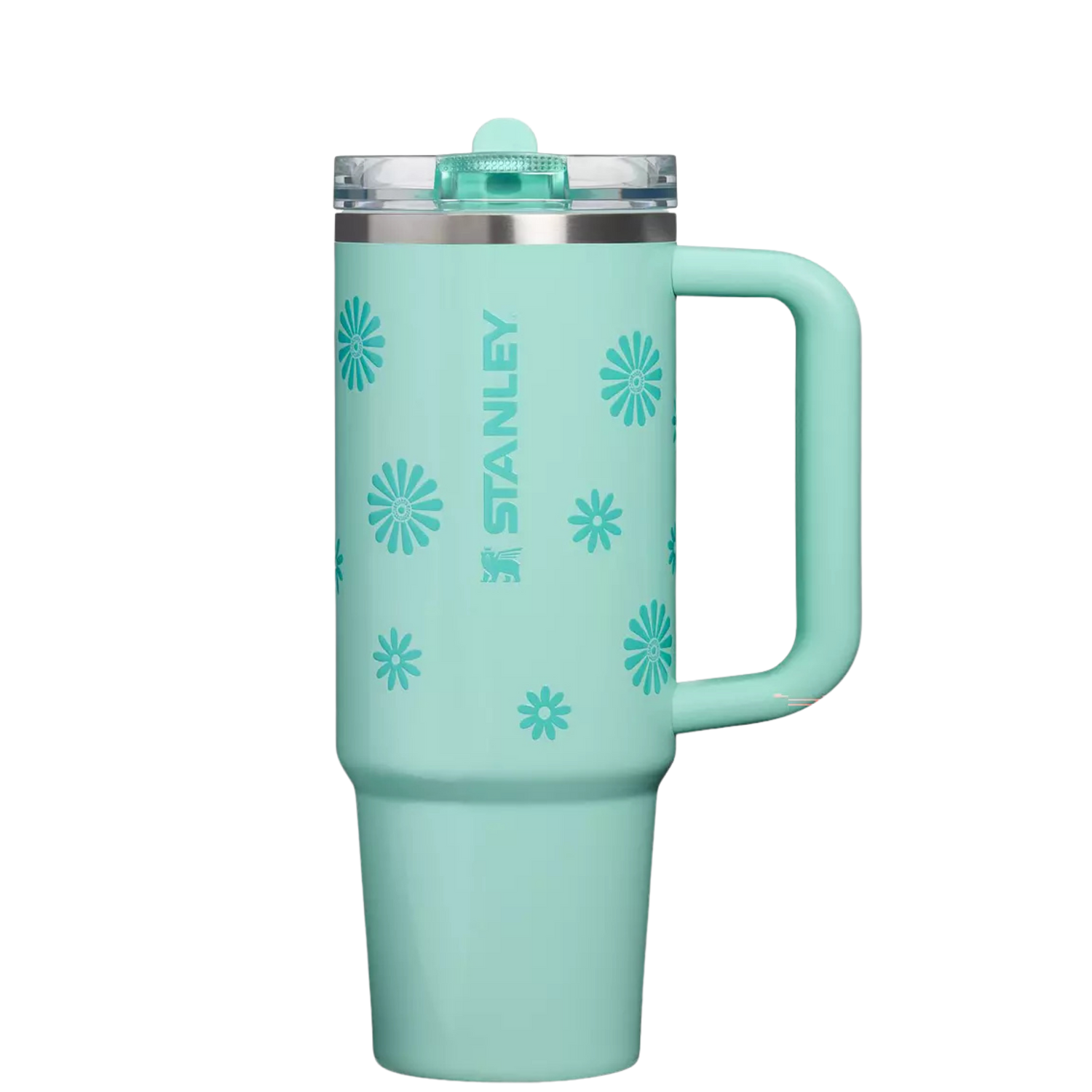 Pastel teal Stanley Teal Daisies tumbler styled with matching accessories including silicone boot, tumbler bow, charm, bracelet, and straw topper
