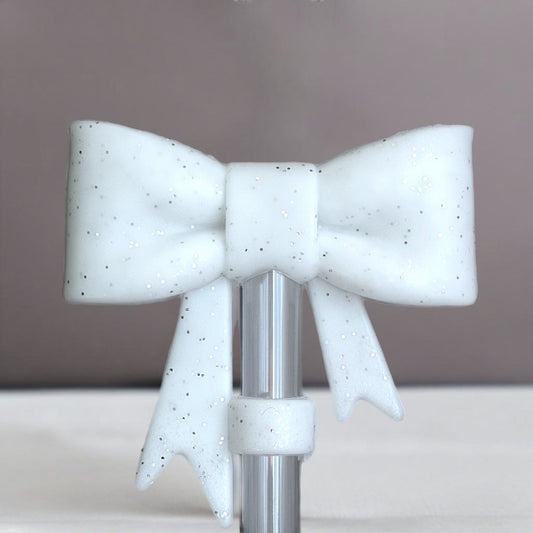 White Glitter 3D Bow Straw Topper