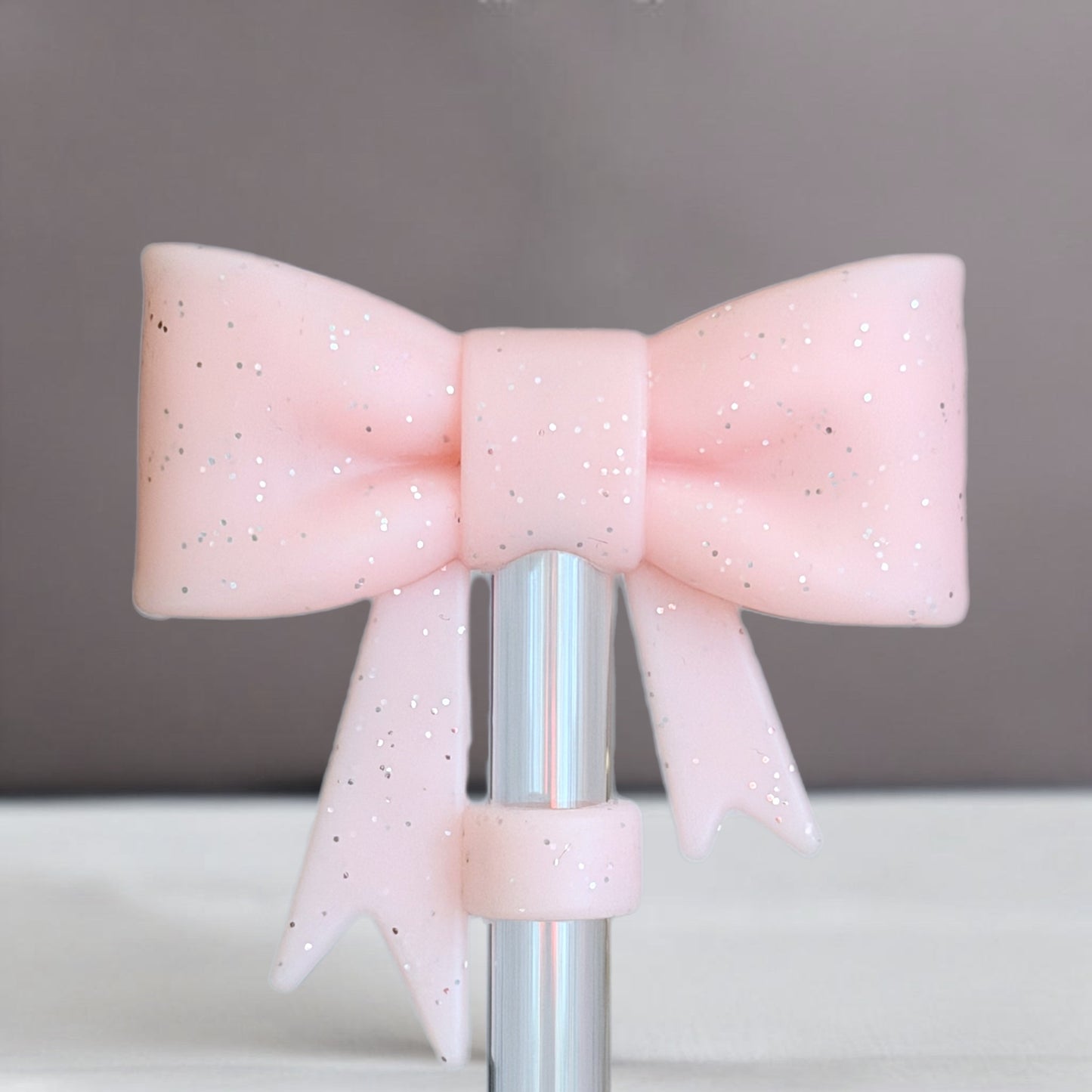 Light Pink Glitter 3D Bow Straw Topper