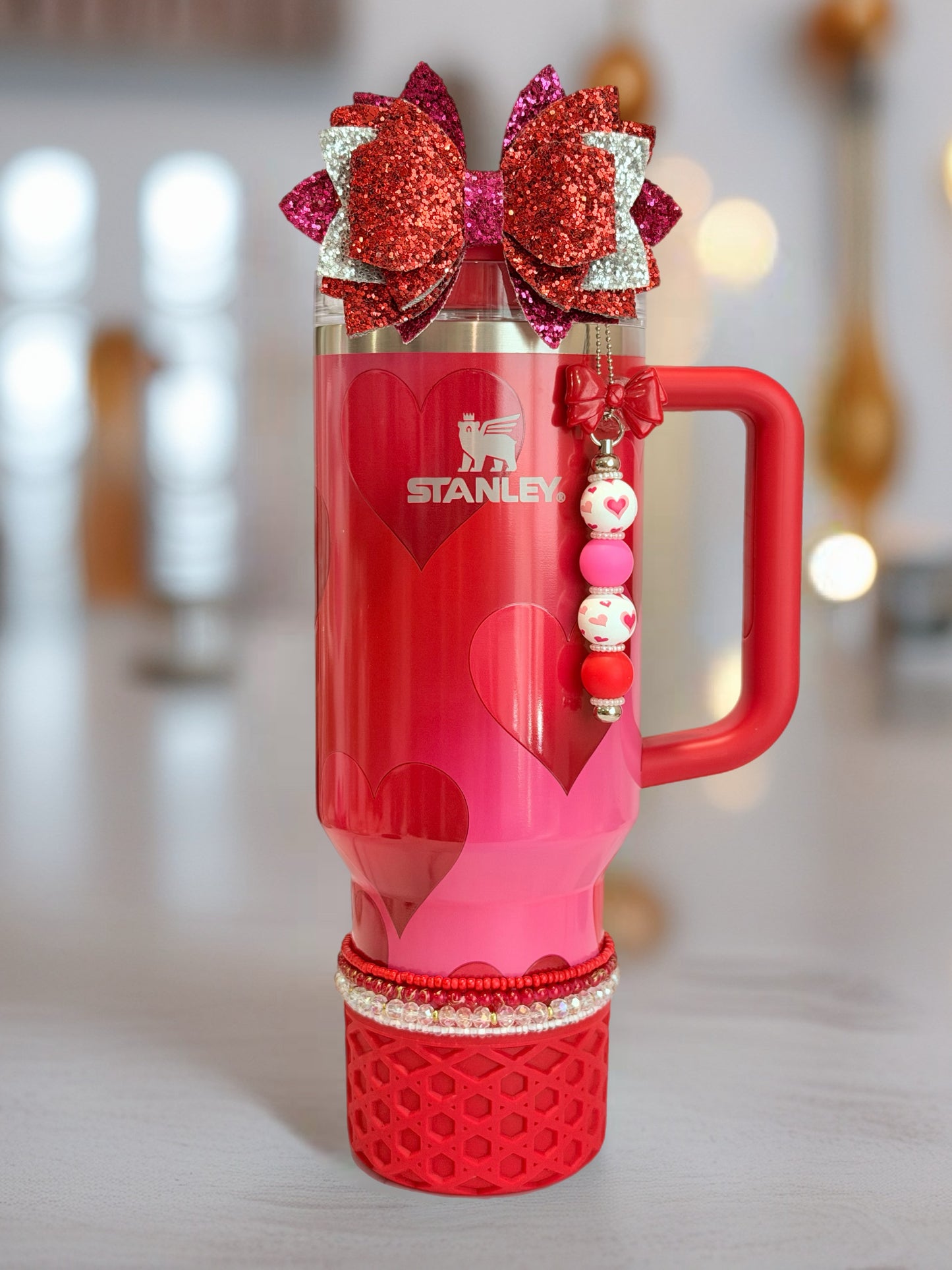 Hearts Pink & Red Bar Charm - Tumbler Handle Charm