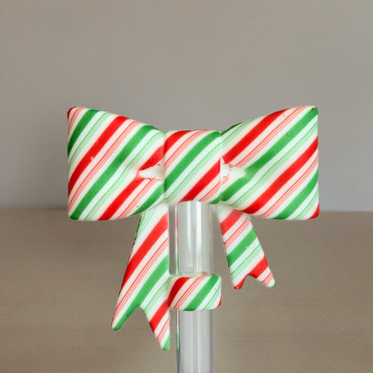Red & Green Striped 3D Bow Straw Topper