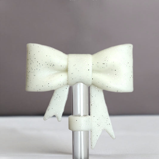 Off White Glitter 3D Bow Straw Topper