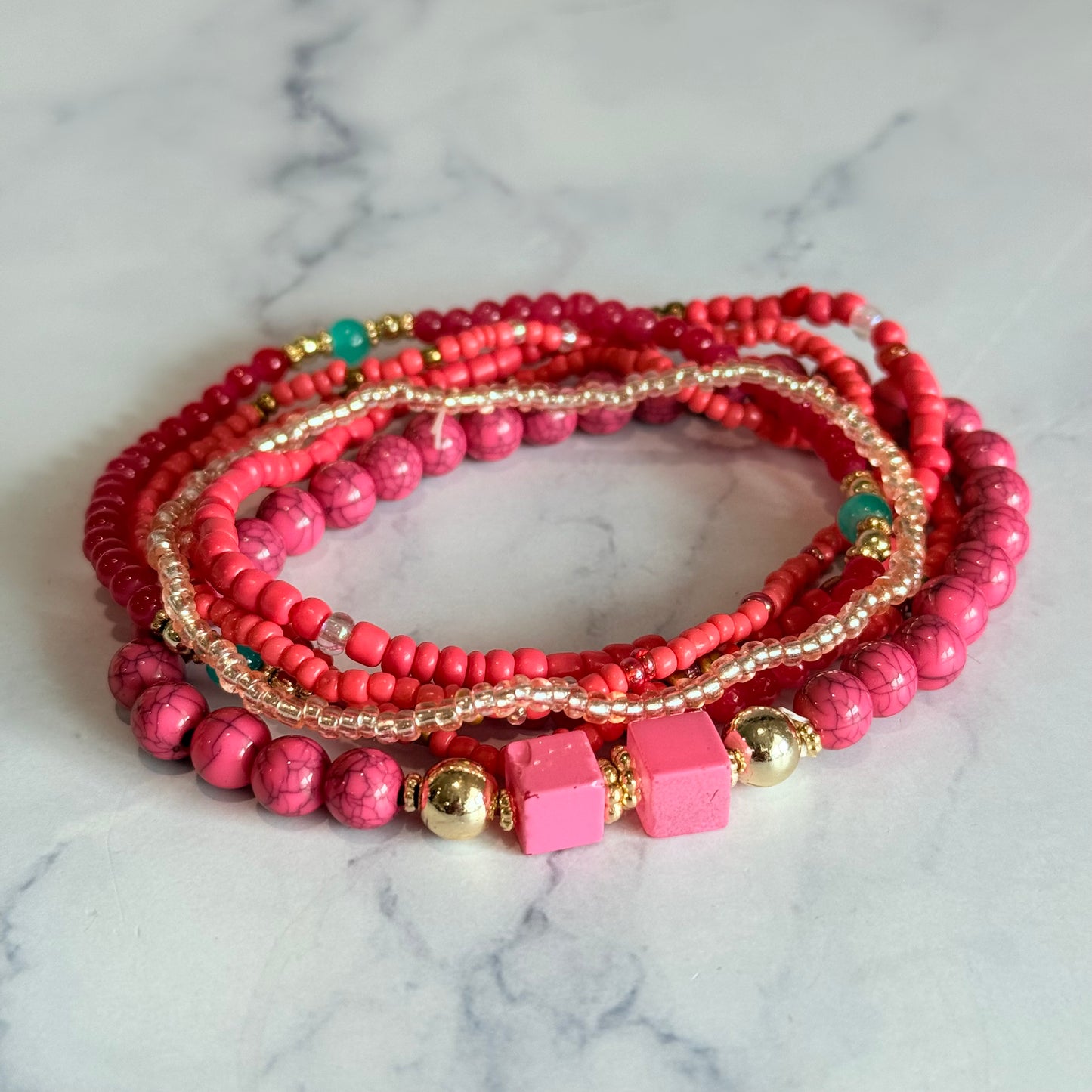 Hot Coral Tumbler Bracelet Stack