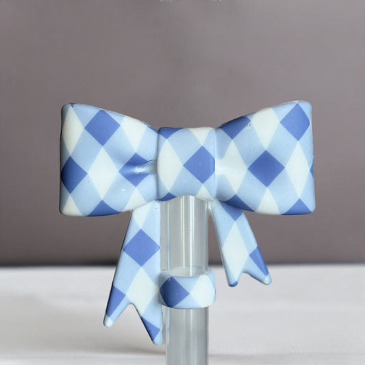 Blue Plaid 3D Bow Straw Topper