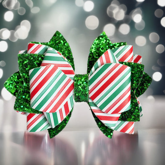 Red & Green Stripes Glitter Tumbler Bow
