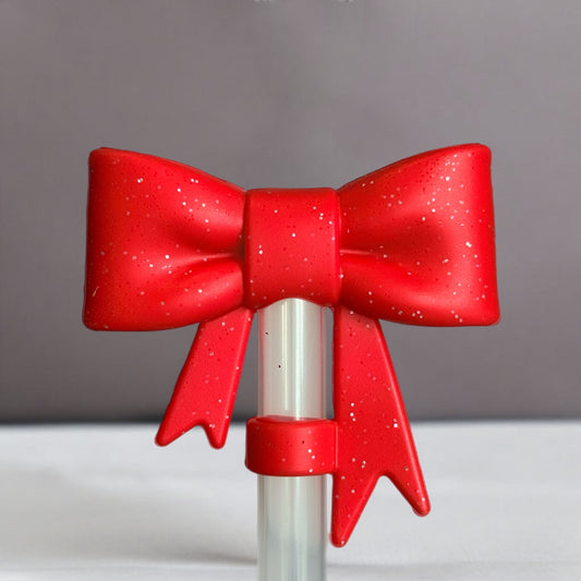 Red Glitter 3D Bow Straw Topper