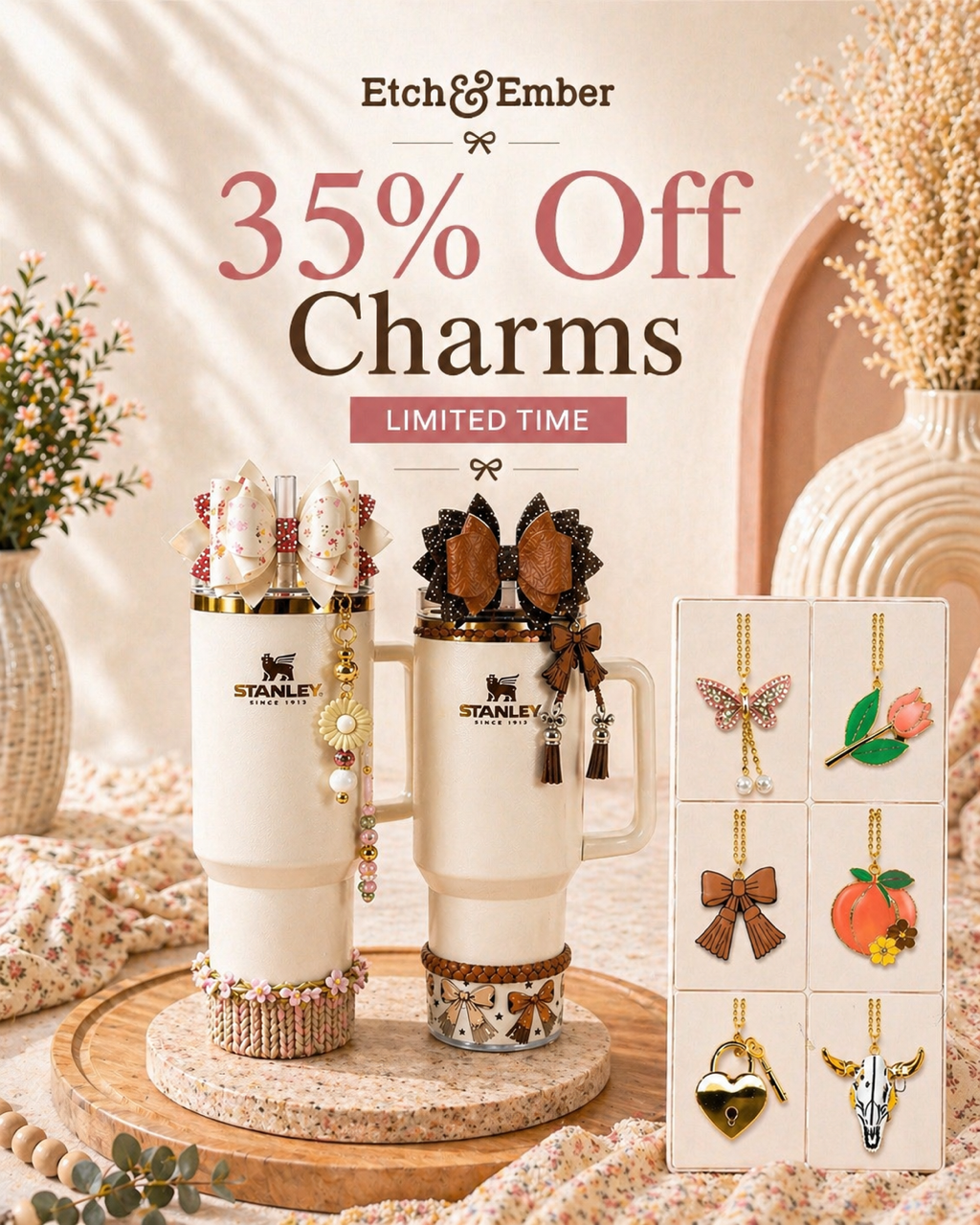 Etch & Ember charm sale 35% off Stanley tumbler charms accessories bows boots cute cup accessories