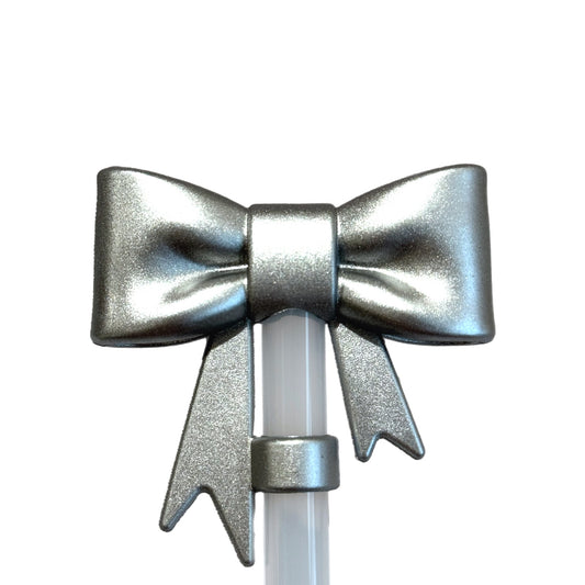 Silver Metallic 3D Bow Straw Topper