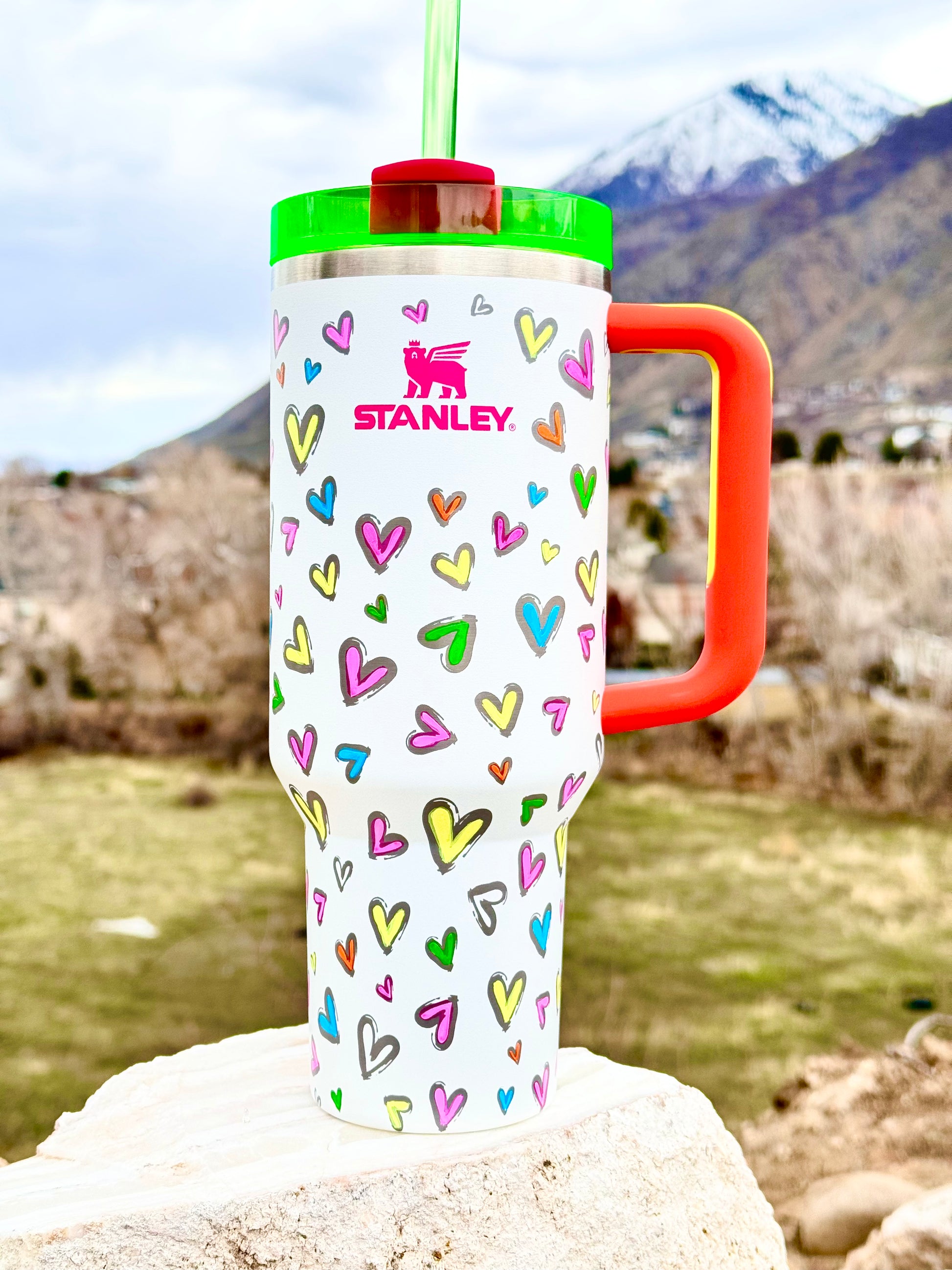 White Neon Stanley Hearts Engraved and Painted Tumbler 30oz White Neon Stanley Hearts Engraved and Painted Tumbler 30oz