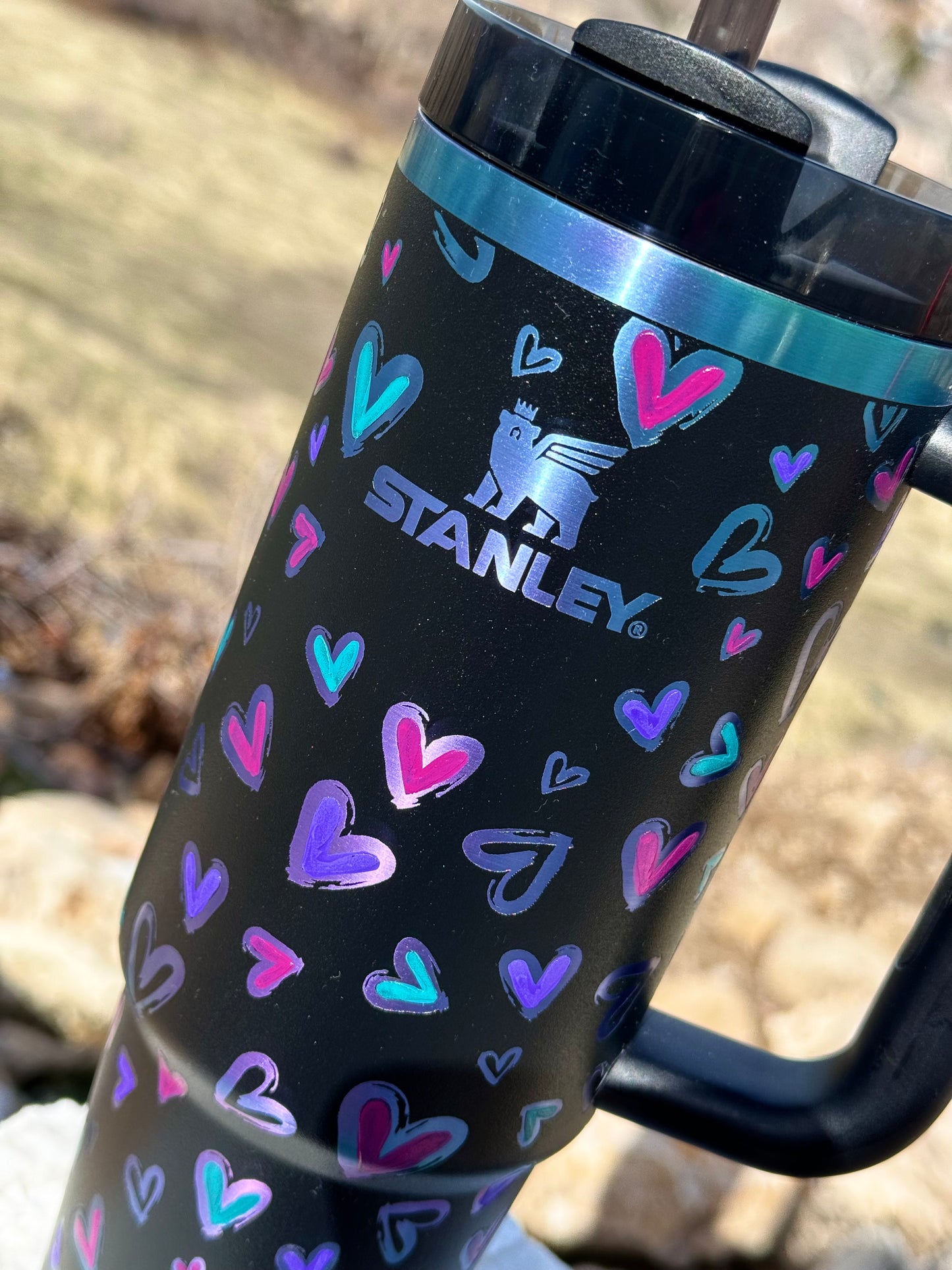 Black Chroma Stanley ‘Hearts’ Engraved and Painted Tumbler