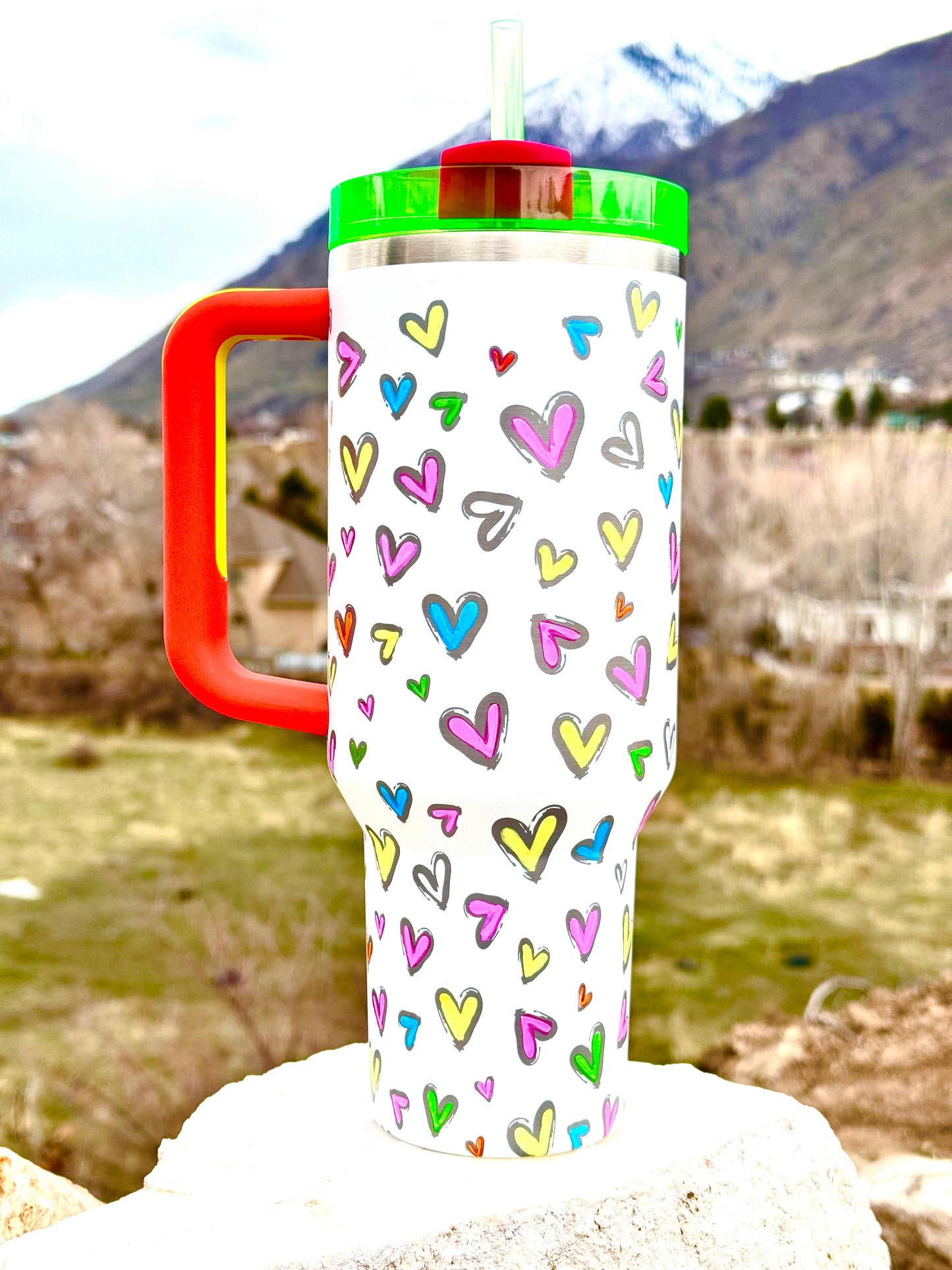 White Neon Stanley ‘Hearts’ Engraved and Painted Tumbler