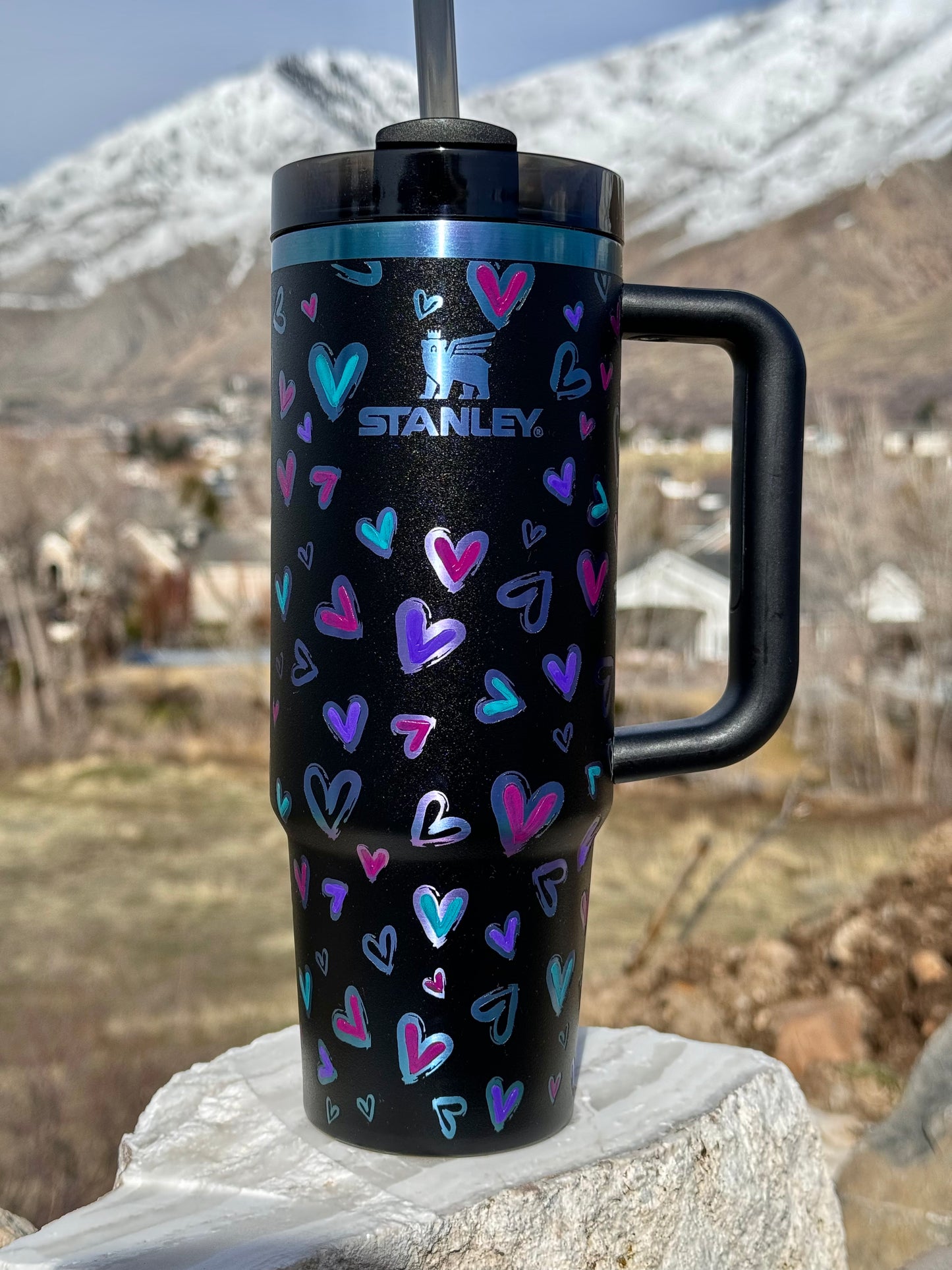 Black Chroma Stanley ‘Hearts’ Engraved and Painted Tumbler