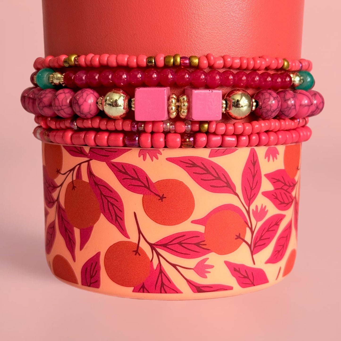 Hot Coral Tumbler Bracelet Stack