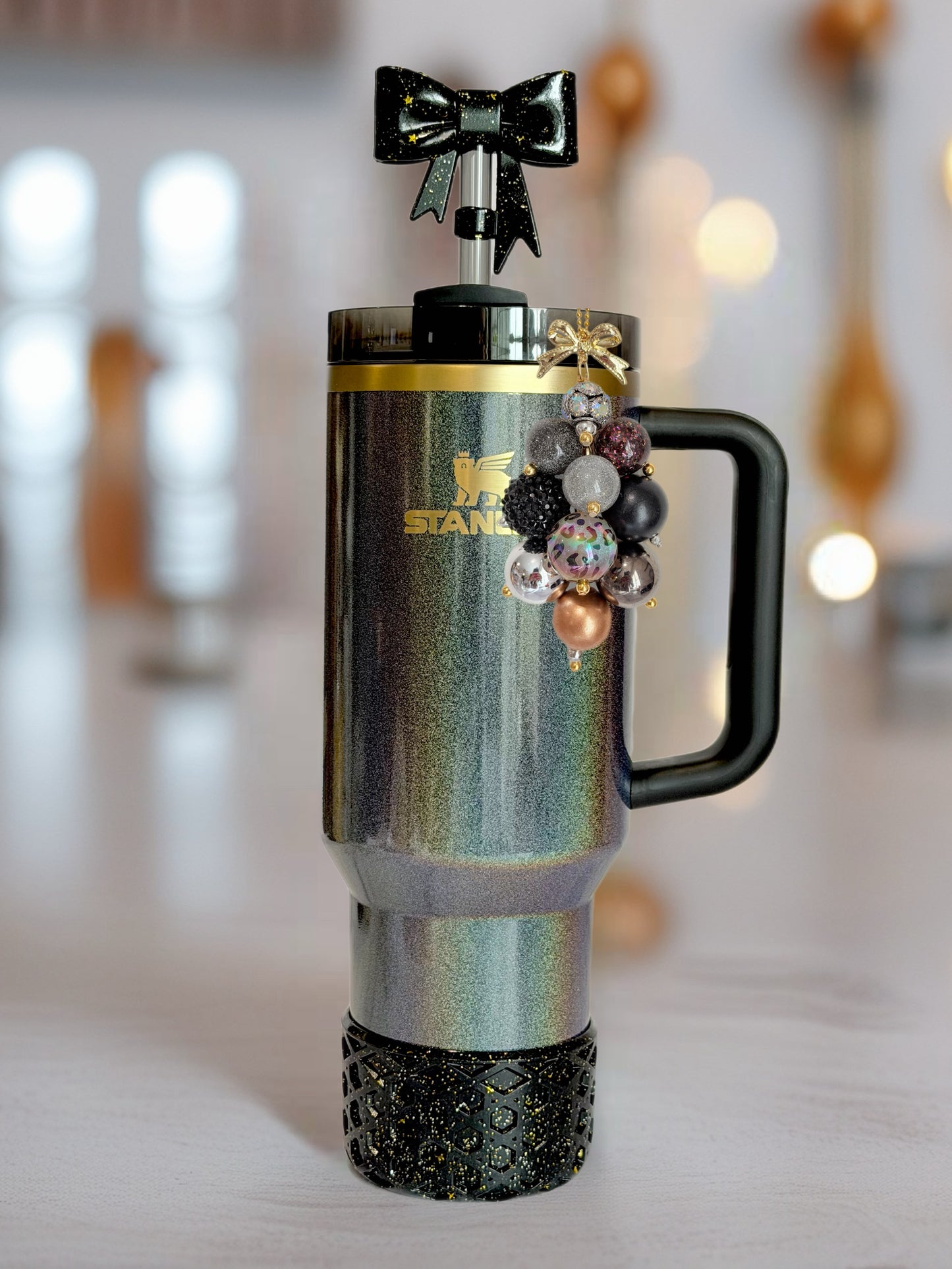 Black & Gold Glitter 3D Bow Straw Topper