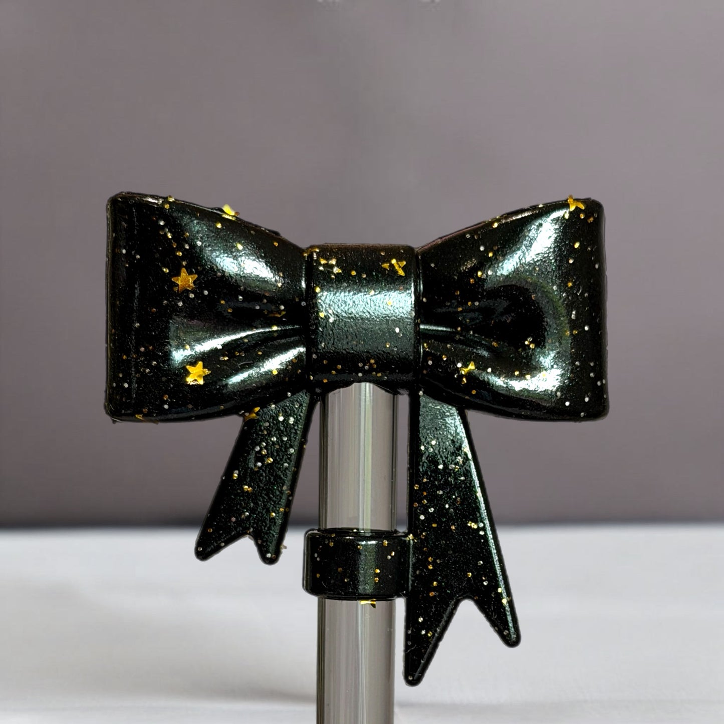 Black & Gold Glitter 3D Bow Straw Topper