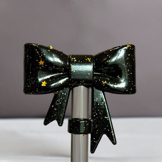 Black & Gold Glitter 3D Bow Straw Topper
