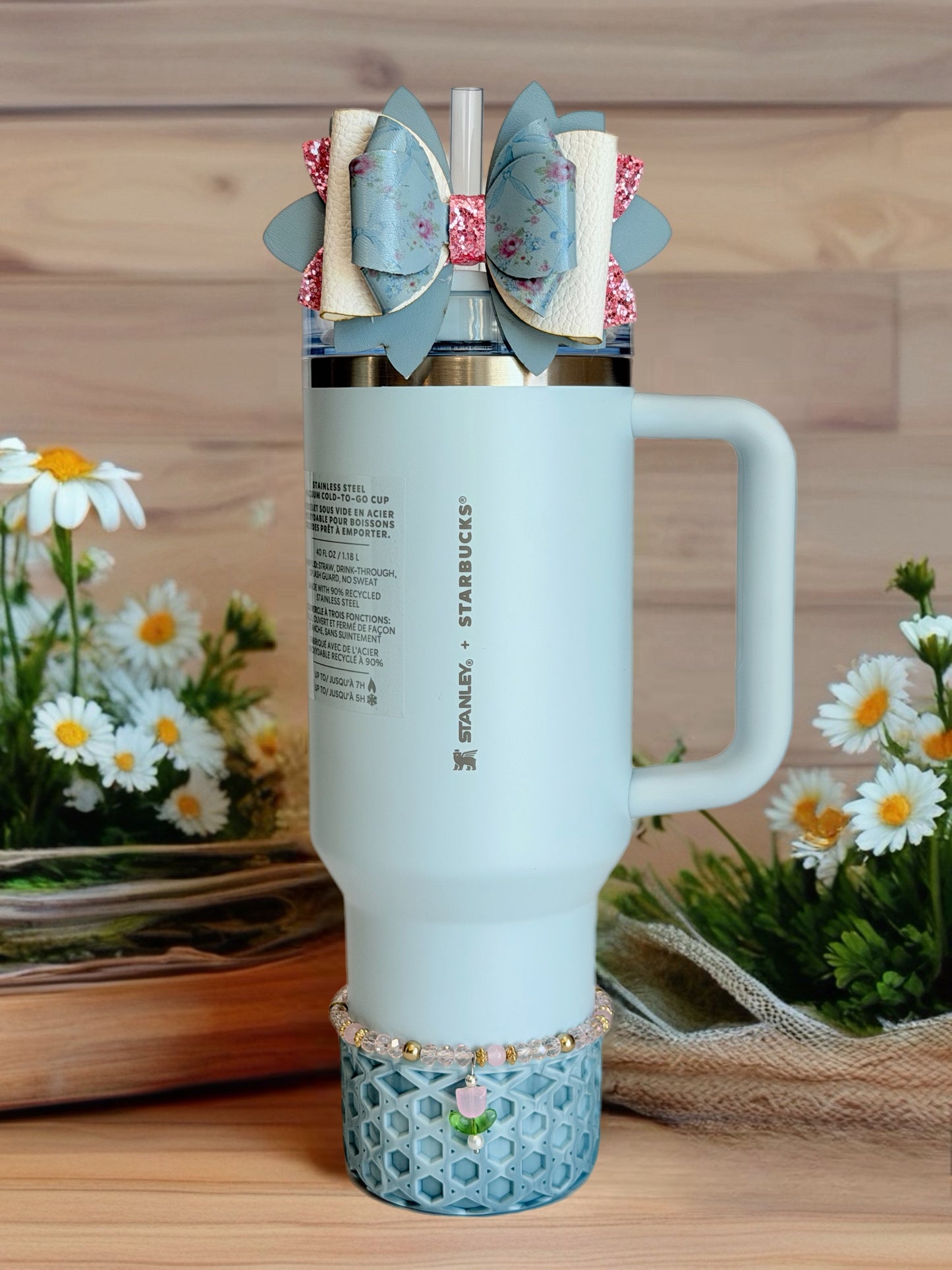 Dusty Blue Rose Tumbler Bow