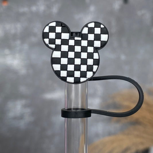 Black & White Checkers Straw Topper- Magical Vacation for Stanley