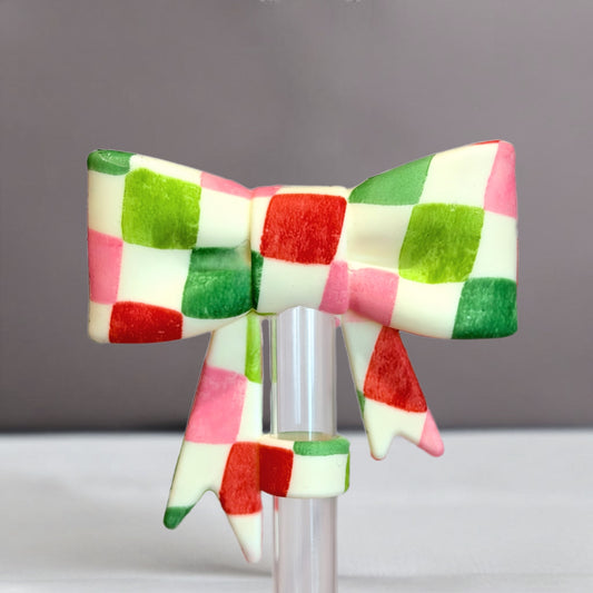 Christmas Checkers 3D Bow Straw Topper for Stanley