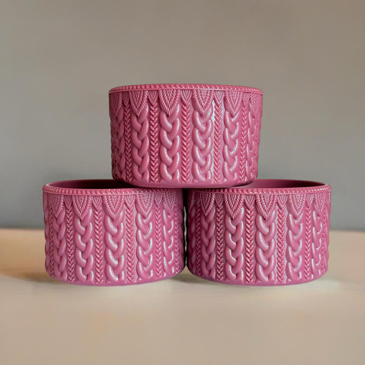 Deep Mauve Shimmer macrame silicone tumbler boot – front view