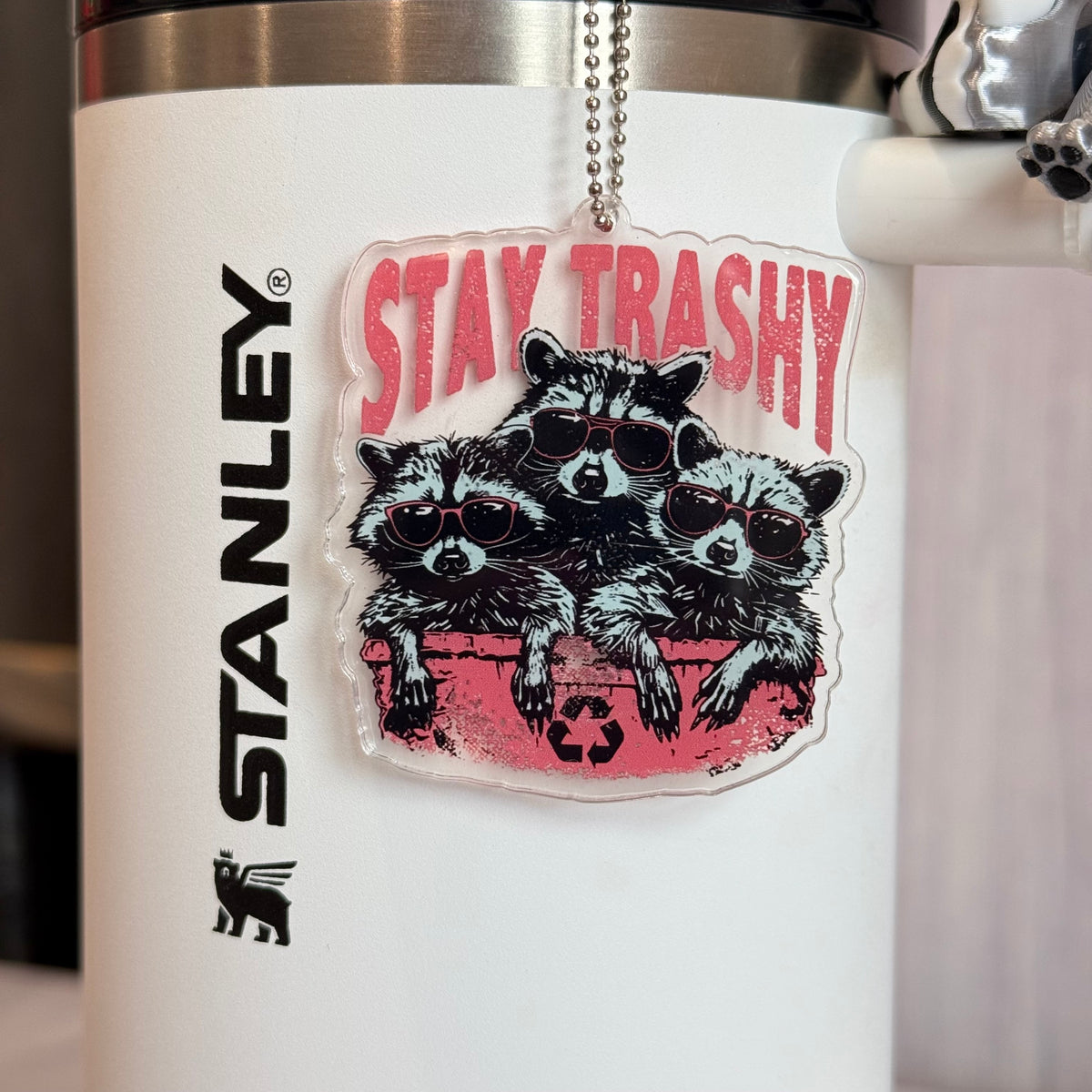 Large Stay Trashy Raccoon- Tumbler Handle Charm, view 2, fits Owala FreeSip