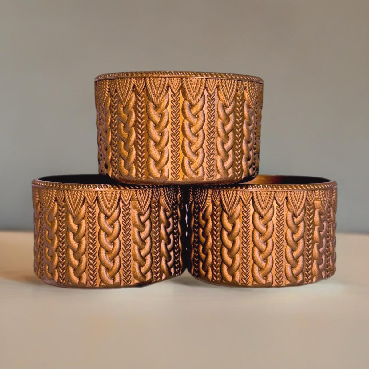 Metallic Copper macrame silicone tumbler boot – front view