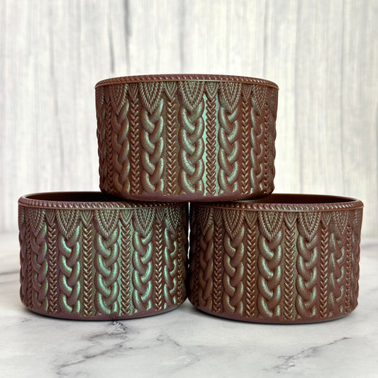 Mocha Shimmer macrame silicone tumbler boot – front view