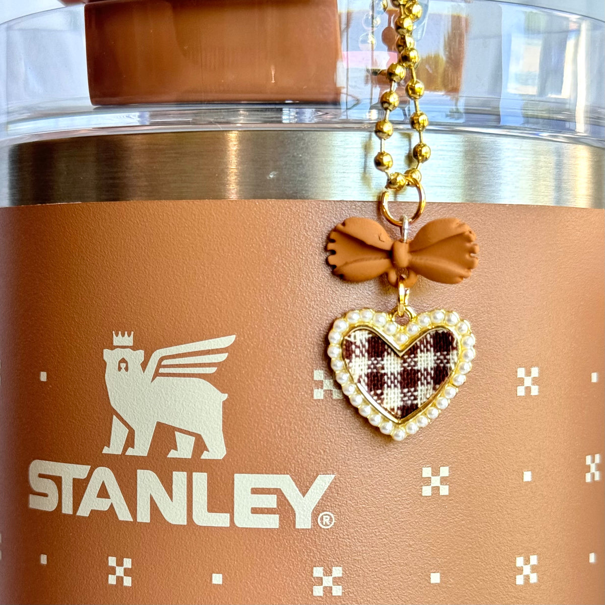 Pearl Heart Plaid Tumbler Handle Charms, view 5, fits Stanley Quencher