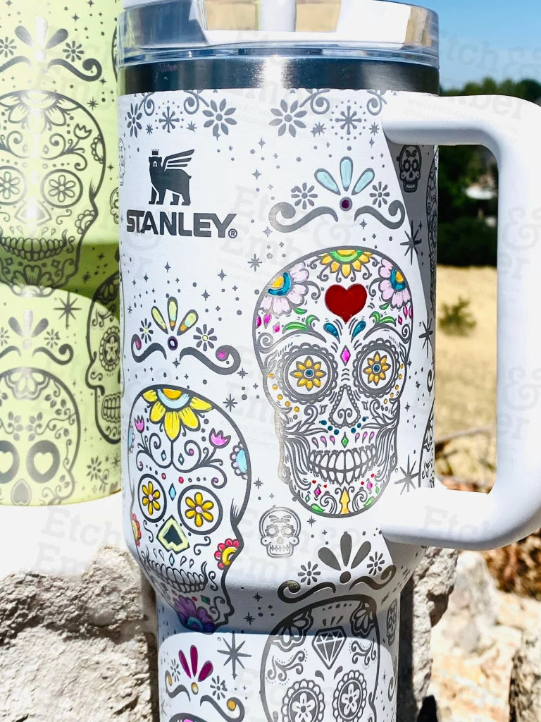 Sugar Skull Stanley Cup Bag - Neoprene Carrier For 40oz Tumbler With 4 Straw Toppers & Shoulder Strap